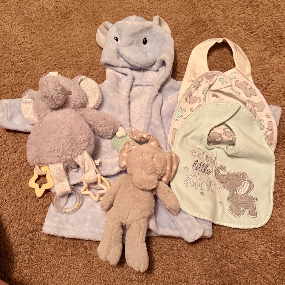 Baby Elephant Bundle Blue Hooded Robe Bibs Plush Toys Set 0-9M 6pc